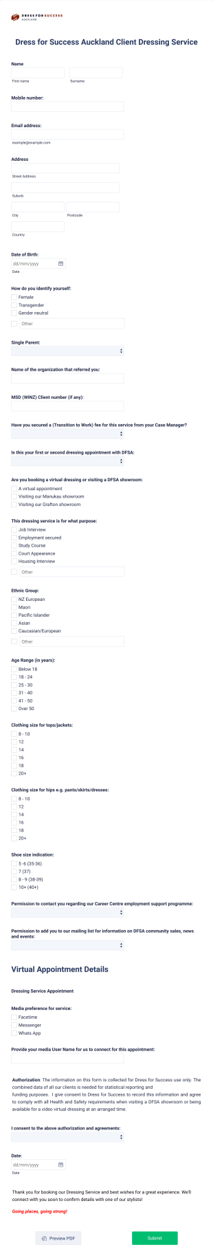 Client Dressing Service Appointment Form Template