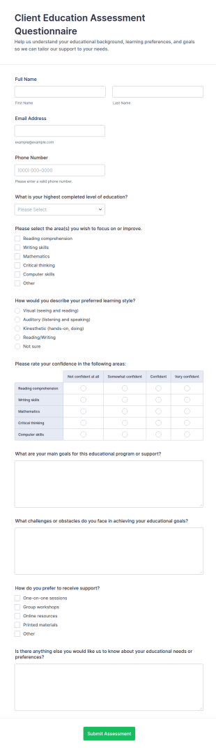 Client Education Assessment Questionnaire Form Template