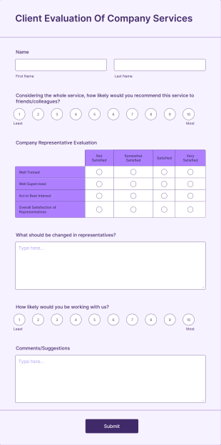 Client Evaluation Of Company Services Form Template