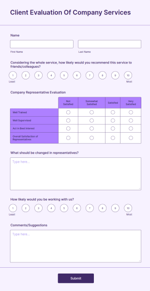 Client Evaluation Of Company Services Form Template