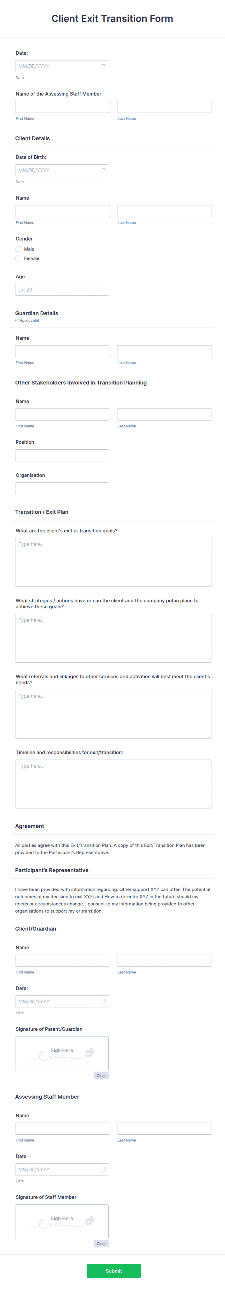 Client Exit Client Exit Transition Form Template | Jotform