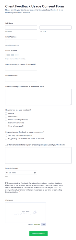 Client Feedback Usage Consent Form Template