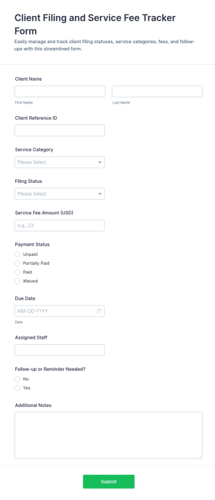 Client Filing And Service Fee Tracker Form Template