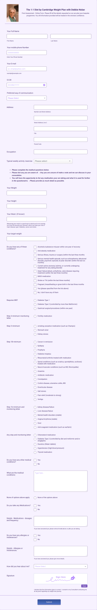 Personalized Weight Loss Assessment Form Template