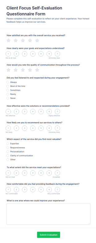 Client Focus Self Evaluation Questionnaire Form Template
