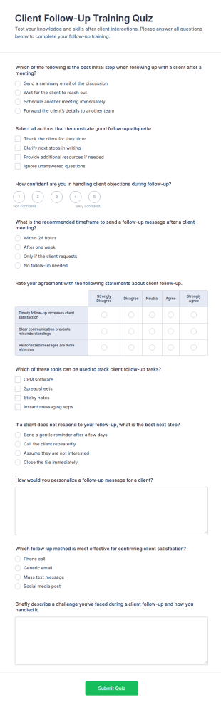 Client Follow Up Training Quiz Form Template