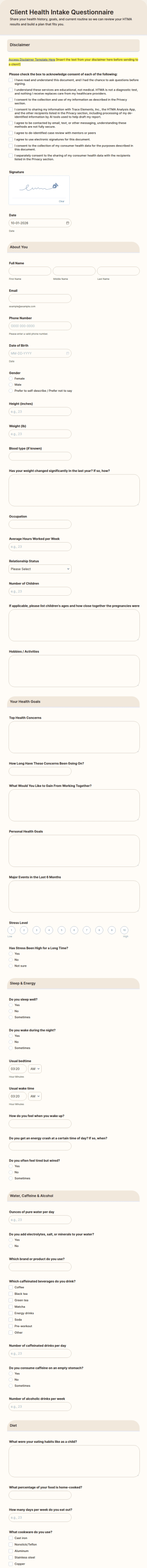 Client Health Intake Questionnaire Form Template