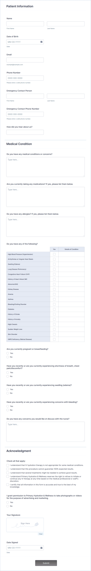 Client History And Health Intake Form Template