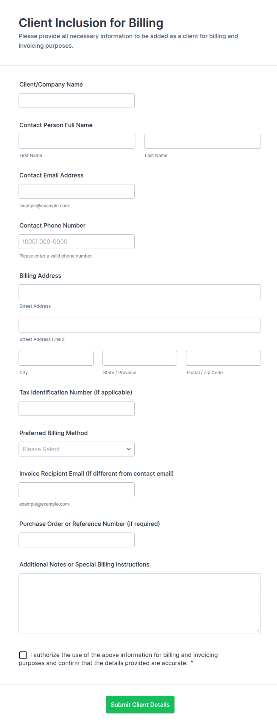Internal Inclusion Form Client Inclusion for Billing Form Template | Jotform