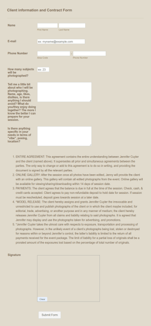 Client Information And Contract Form Template
