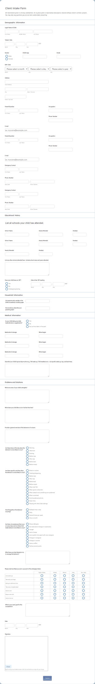 Client Intake Form For Behavioral Consulting