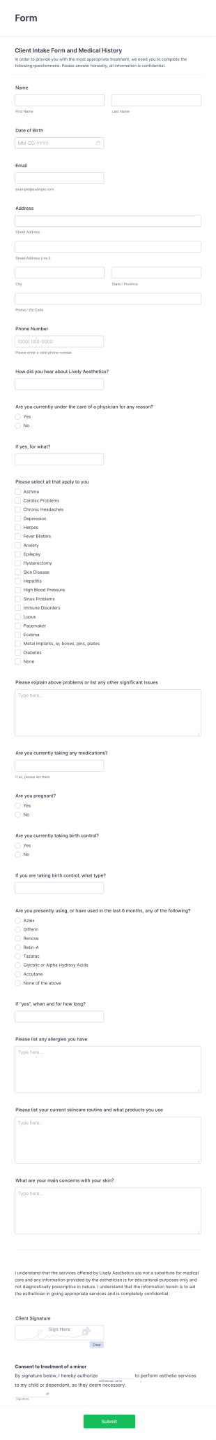 Client Intake And Med HX Form Template