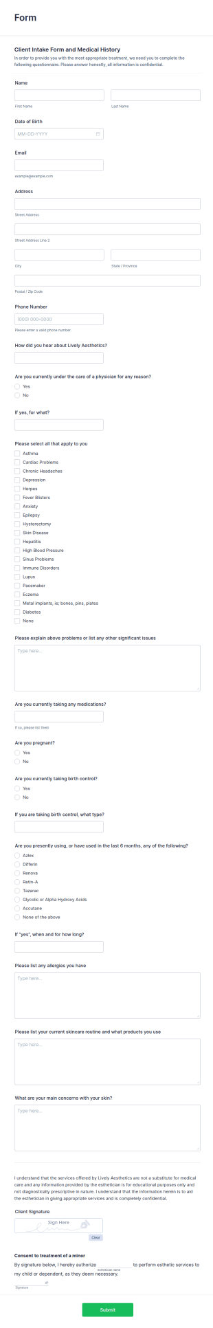 Client Intake And Med HX Form Template