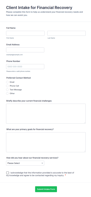Client Intake For Financial Recovery Form Template