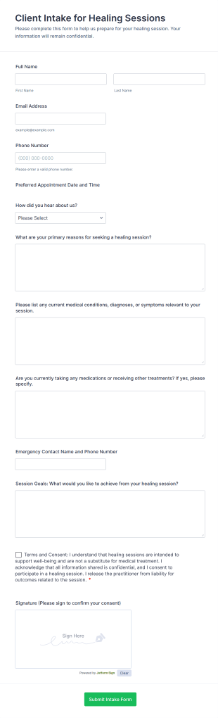 Client Intake For Healing Sessions Form Template
