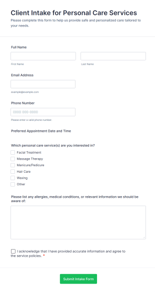Client Intake For Personal Care Services Form Template