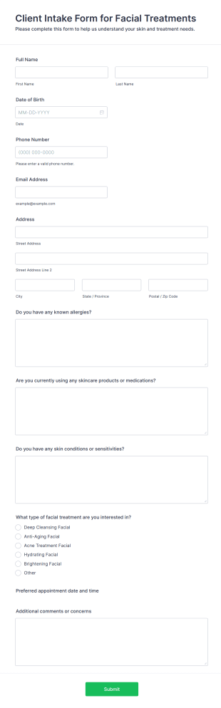 Client Intake Form For Facial Treatments Form Template