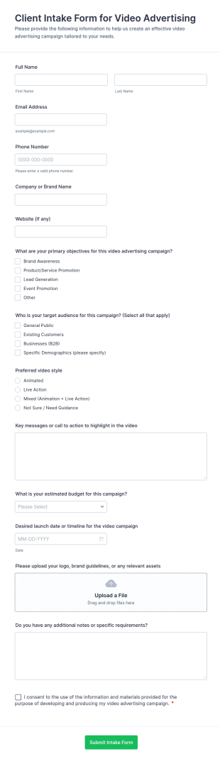 Client Intake Form For Video Advertising