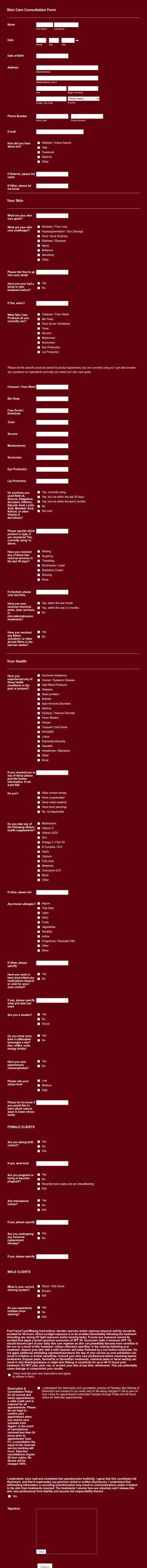 Client Intake Form Skincare