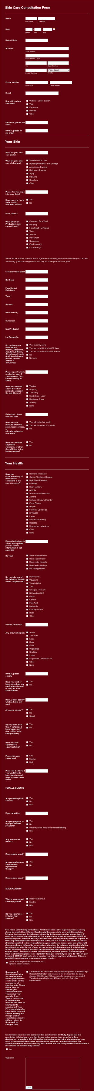 Client Intake Form Skincare Form Template