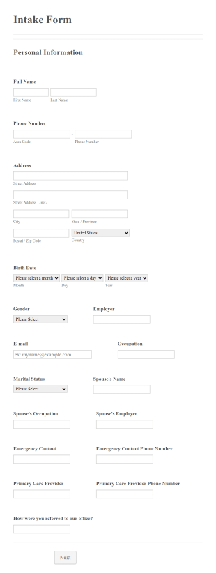 Client Intake Questionnaire Form Template