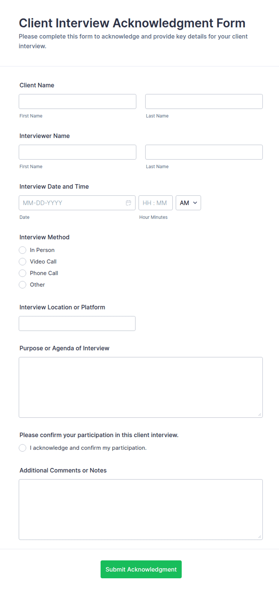Client Interview Acknowledgment Form Template | Jotform