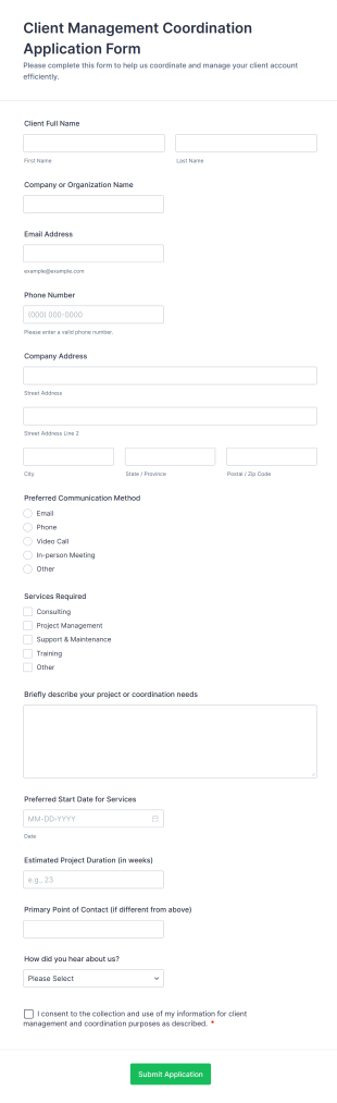 Client Management Coordination Application Form Template