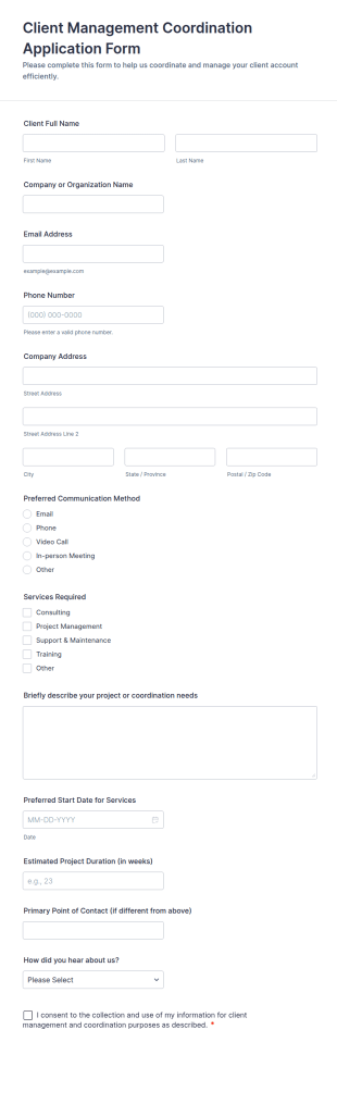 Client Management Coordination Application Form Template