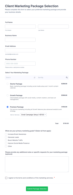 Client Marketing Package Selection Form Template