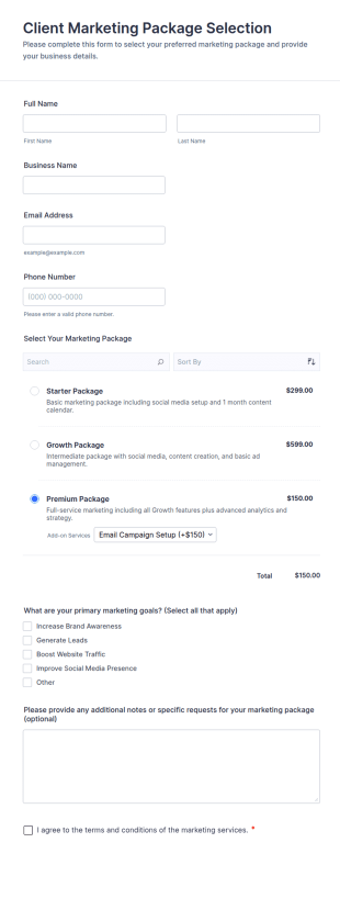 Client Marketing Package Selection Form Template