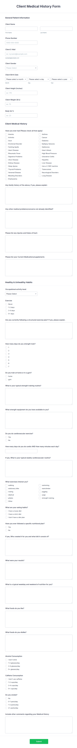 Client Medical History Form Template