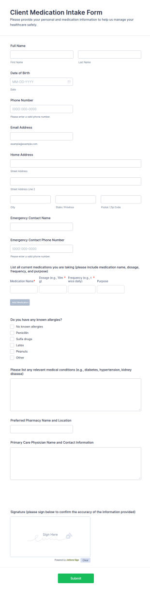 Client Medication Intake Form Template