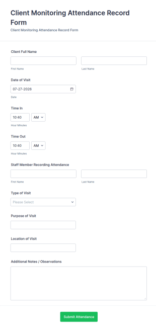 Client Monitoring Attendance Record Form Template