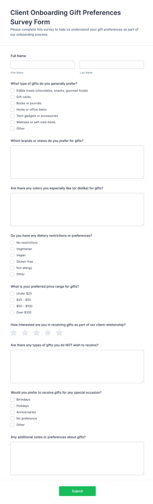 Client Onboarding Gift Preferences Survey Form Template