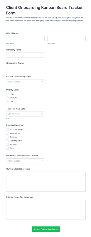 Client Onboarding Kanban Board Tracker Form Template