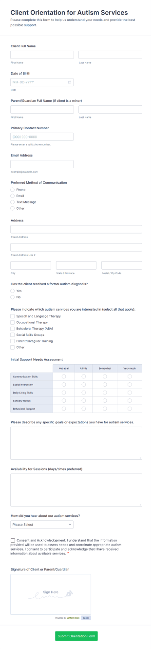 Client Orientation For Autism Services Form Template