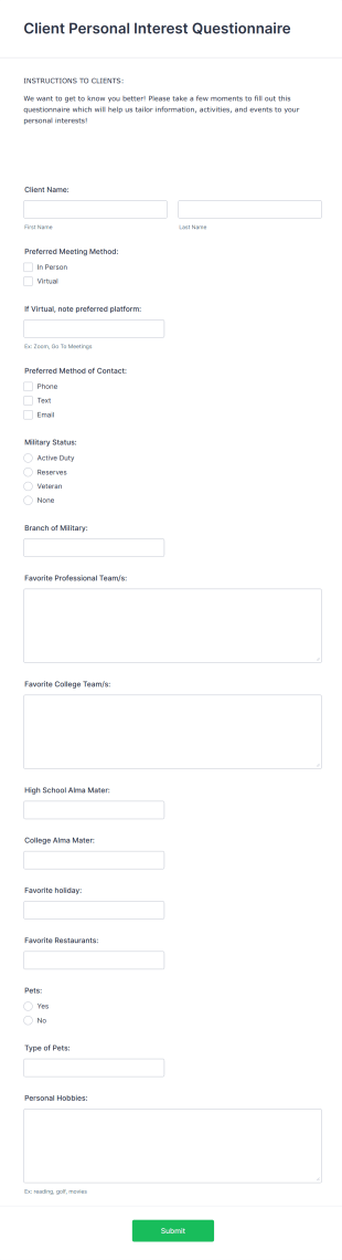 Client Personal Interest Questionnaire Form Template