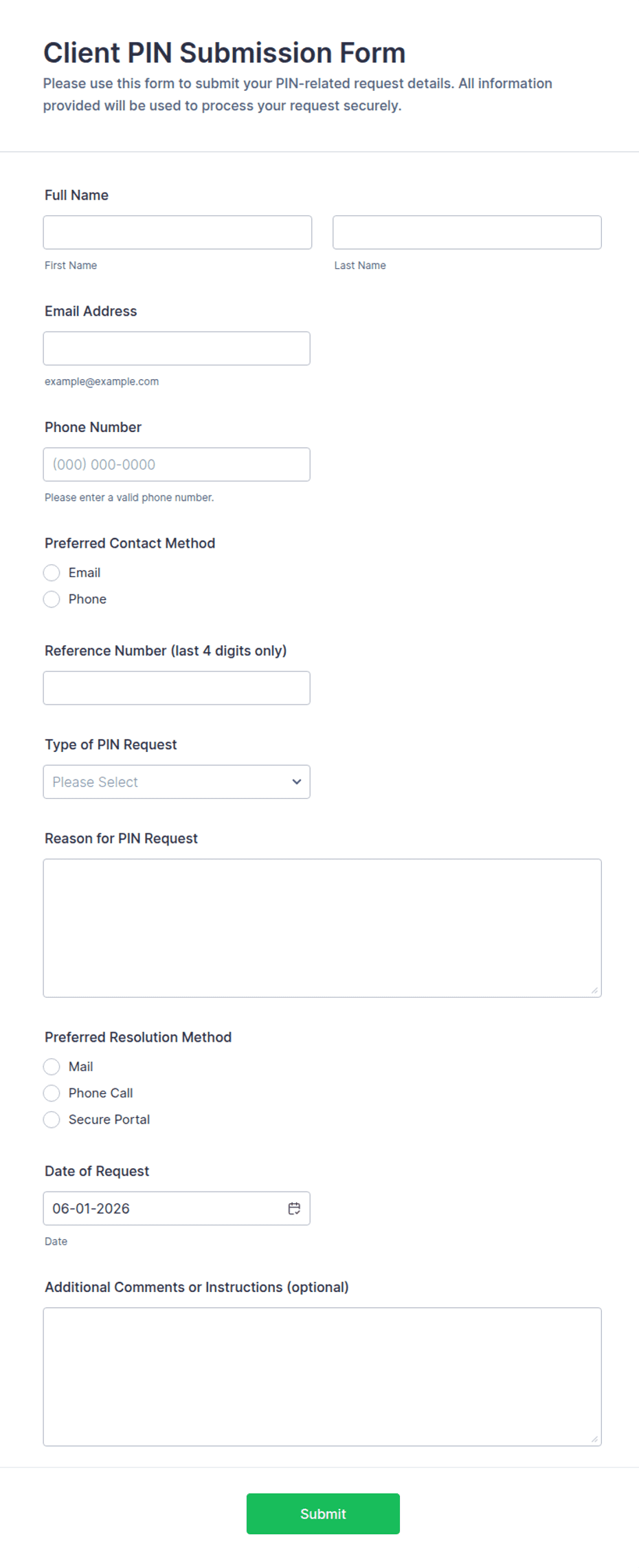 Client PIN Submission Form Template | Jotform