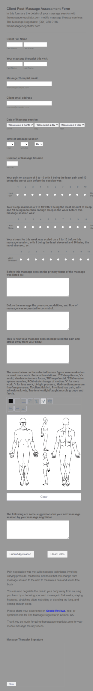 Client Post Massage Assessment Form Template