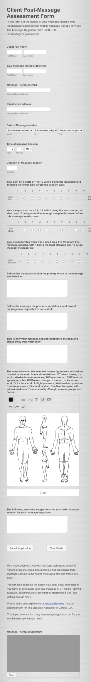 Client Post Massage Assessment Form Template
