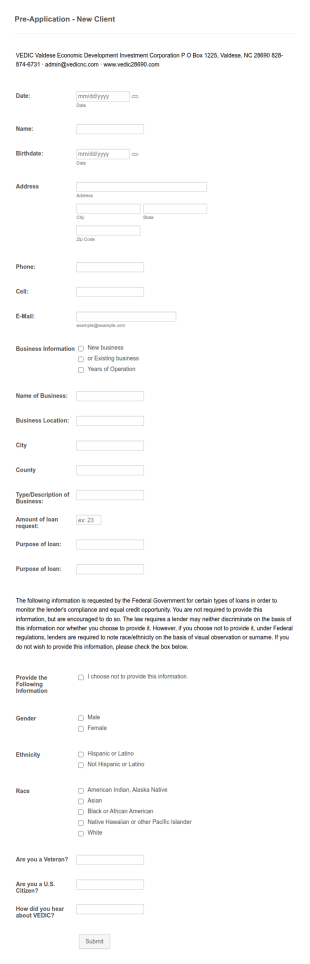 Client Pre Application Form Template