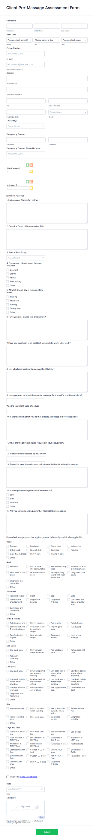 Client Pre Massage Assessment Form Template