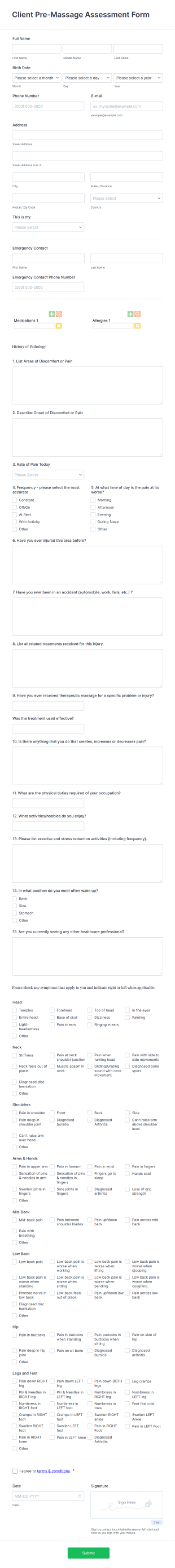 Client Pre Massage Assessment Form Template