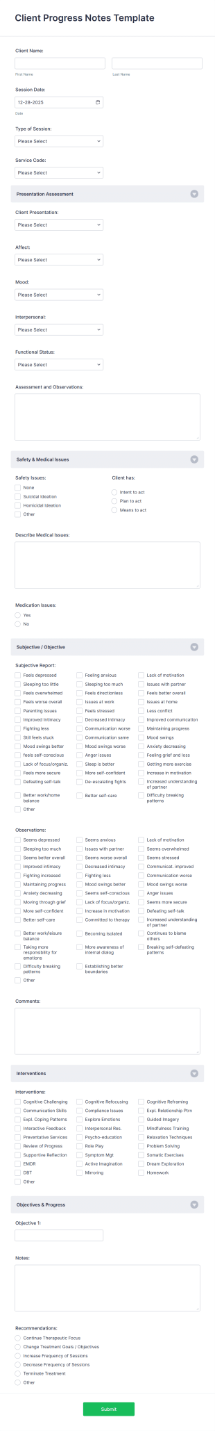 Client Progress Notes Template Form Template