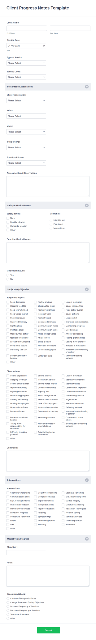 Client Progress Notes Template