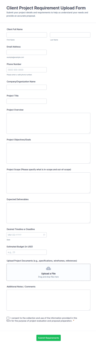 Client Project Requirement Upload Form Template