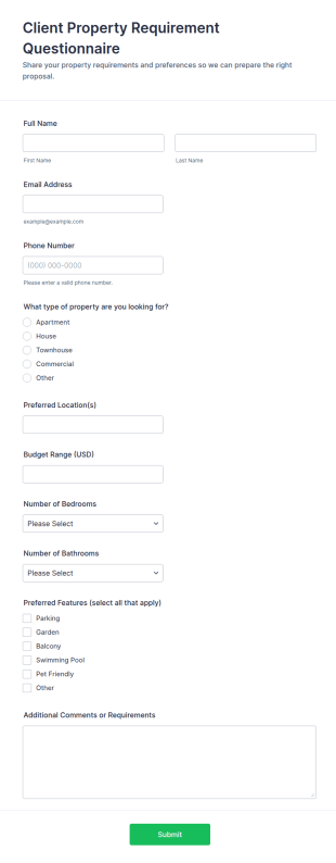 Client Property Requirement Questionnaire Form Template
