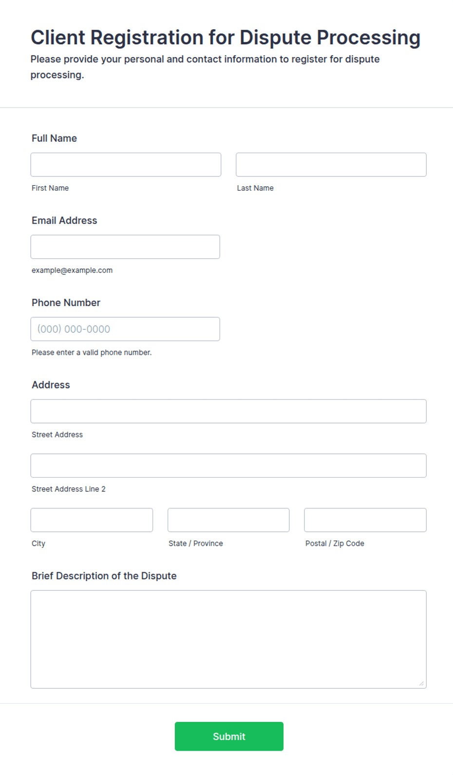 Company Inprocessing Form Example Client Registration for Dispute Processing Form Template | Jotform