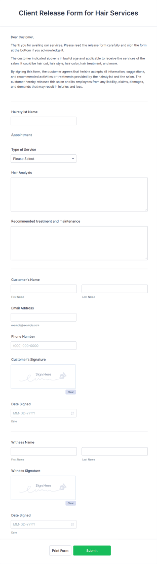 Client Release Form For Hair Services