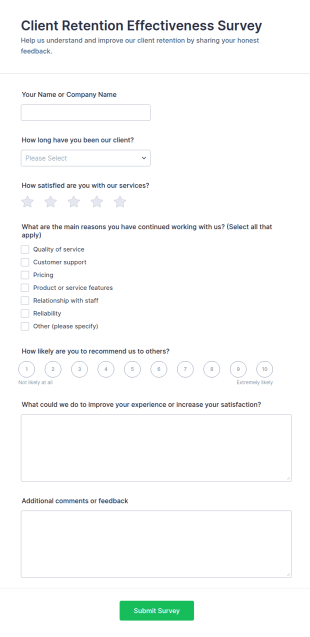 Client Retention Effectiveness Survey Form Template